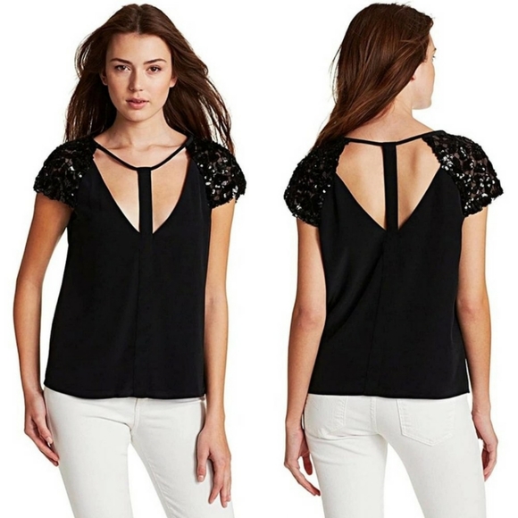BCBGMaxAzria Sierra Blouse with Sequined Cap Sleeves - Picture 7 of 9